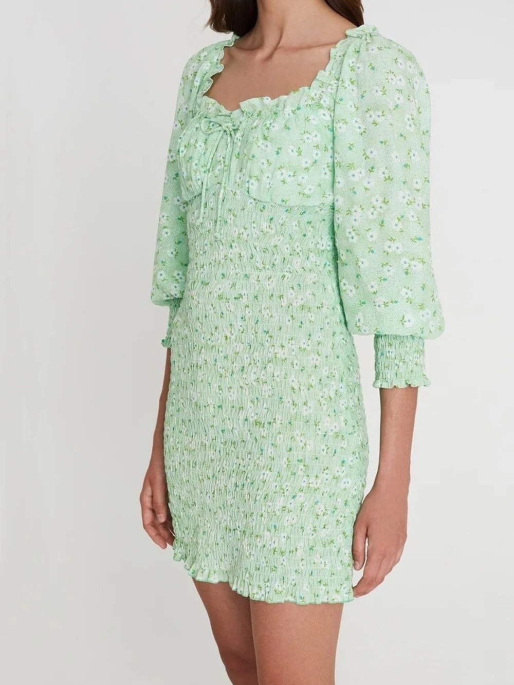 FAITHFULL THE BRAND Cosima Mini Dress Merci Floral Green White Size Large